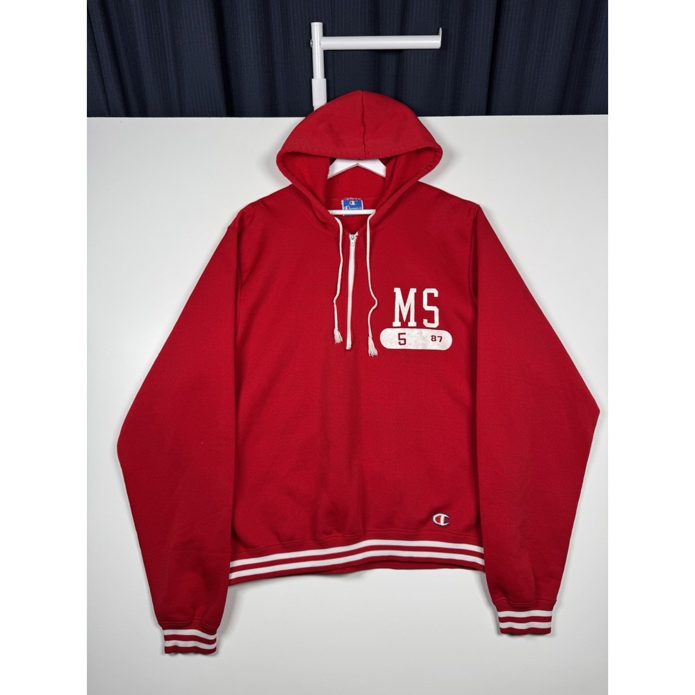 VTG 80s Champion Maine South Red 1/2 Zip Pullover Hoodie XXL Made in USA